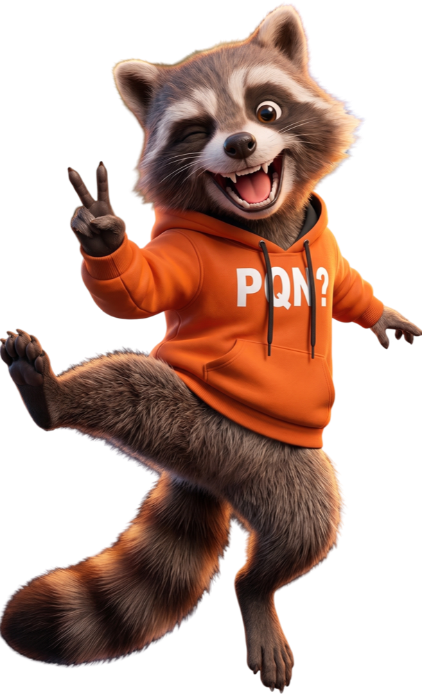 Kid, o mascote da PQN, piscando e fazendo sinal de paz